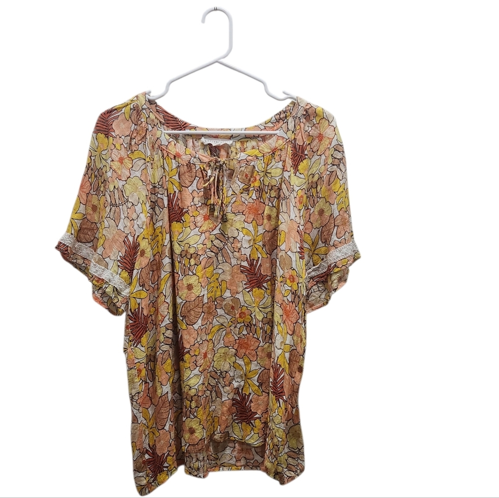 Jane & Delancey Boho Floral Vneck Tassel Tie Flowy Blouse Lace Sleeve Trim XL